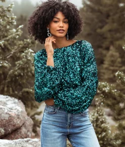 Tops | En Creme Sequin Dolman Top Aqua