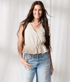 33 Coastal Sequin Embroidered Peplum Tank Top Cream