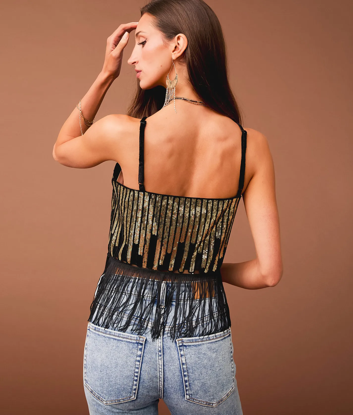 Sterling & Stitch Sequin Fringe Cropped Tank Top Black Champagne New