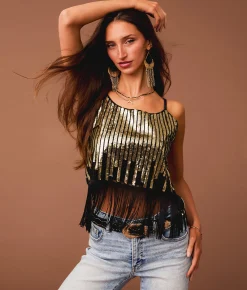 Sterling & Stitch Sequin Fringe Cropped Tank Top Black Champagne New