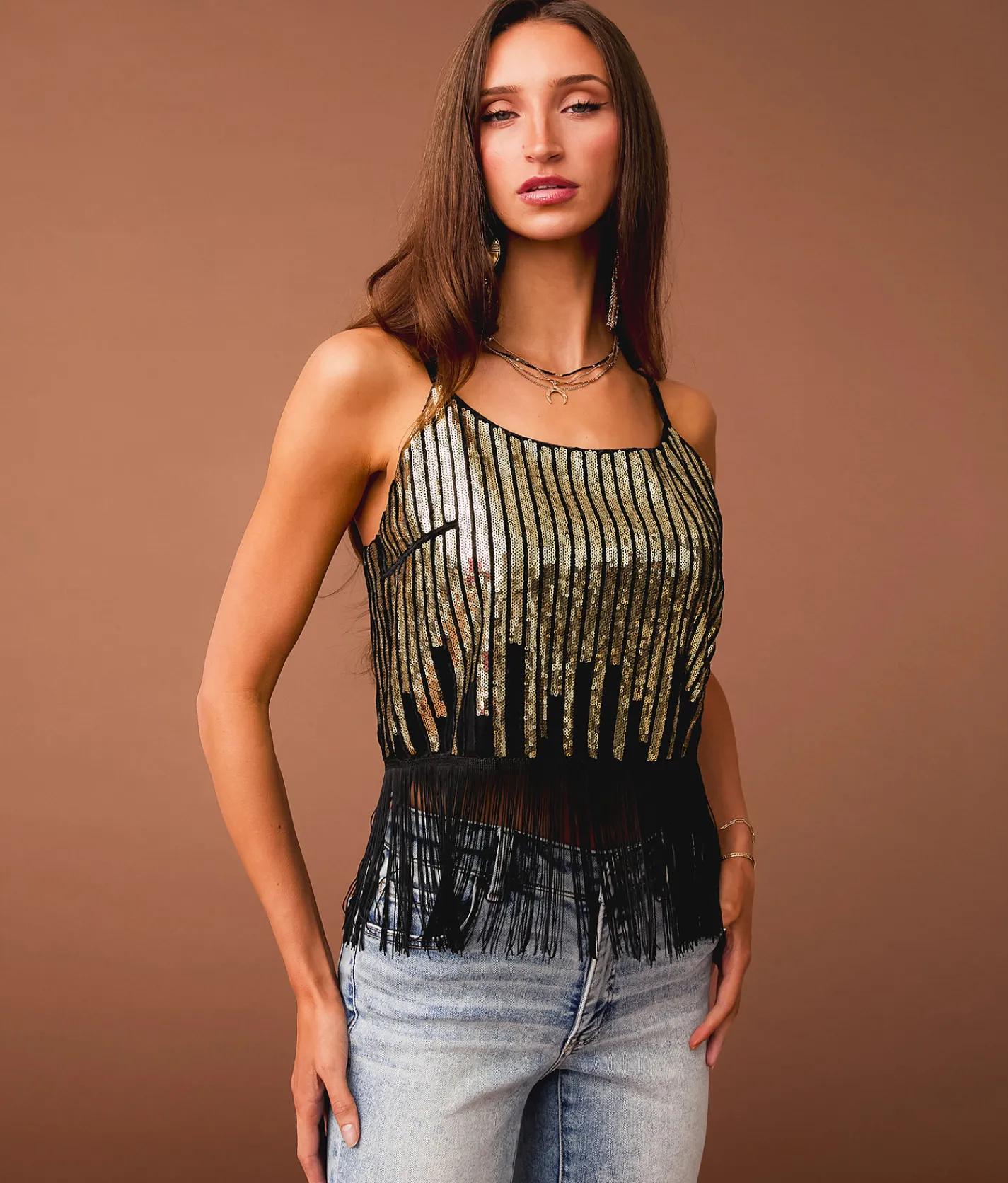 Sterling & Stitch Sequin Fringe Cropped Tank Top Black Champagne New