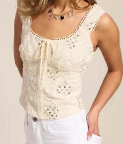 Tops | Willow & Root Sequin Front Tie Cropped Tank Top Cream