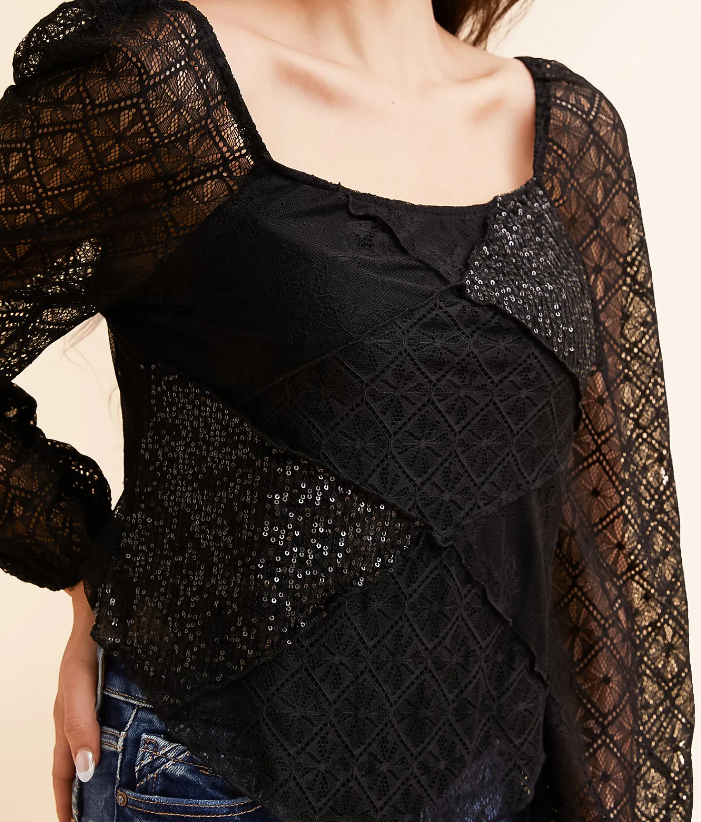 Tops | Willow & Root Sequin Lace Hanky Top Black