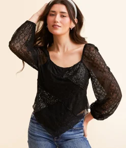 Tops | Willow & Root Sequin Lace Hanky Top Black