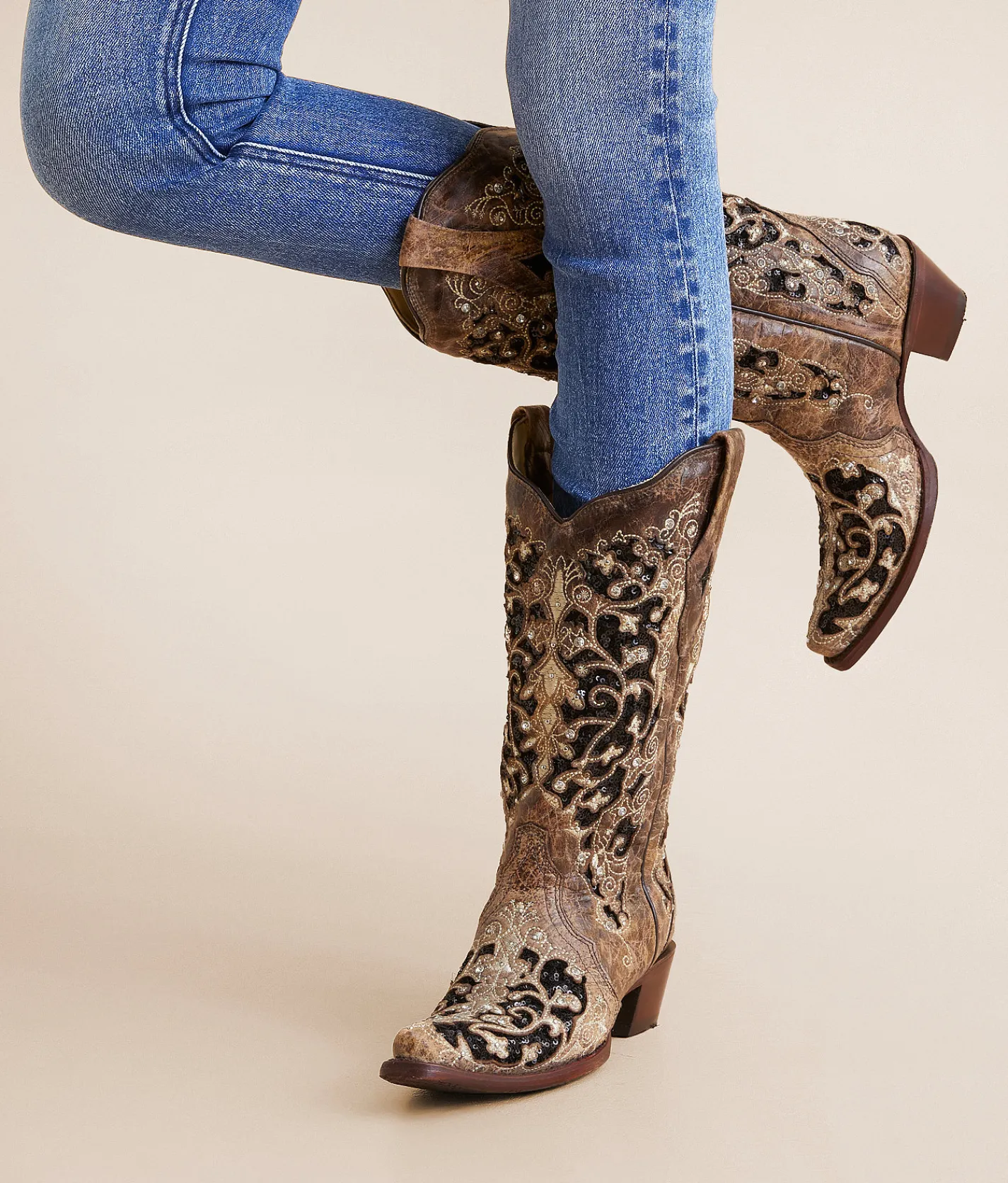 Shoes | Corral Sequin Leather Western Boot LD Brown