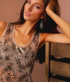 Tops | Sterling & Stitch Sequin Mesh Tank Top Brown Silver