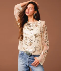 Tops | Sterling & Stitch Sequin Mesh Top Champagne