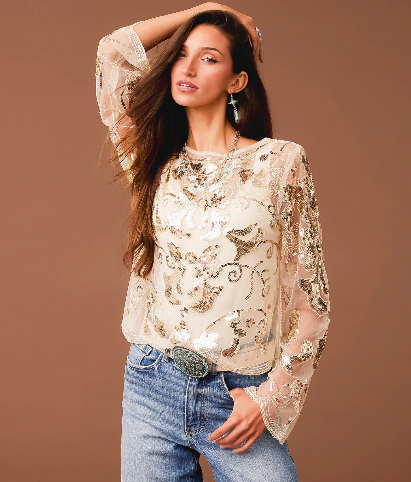 Tops | Sterling & Stitch Sequin Mesh Top Champagne