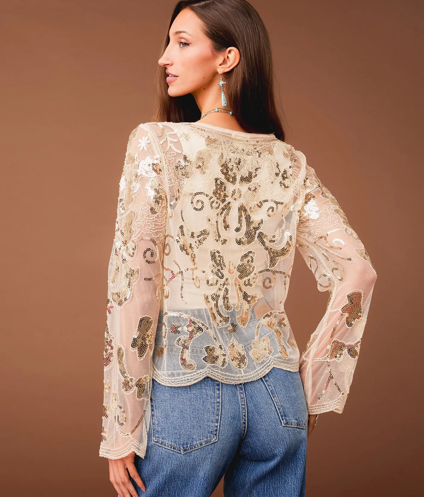 Tops | Sterling & Stitch Sequin Mesh Top Champagne