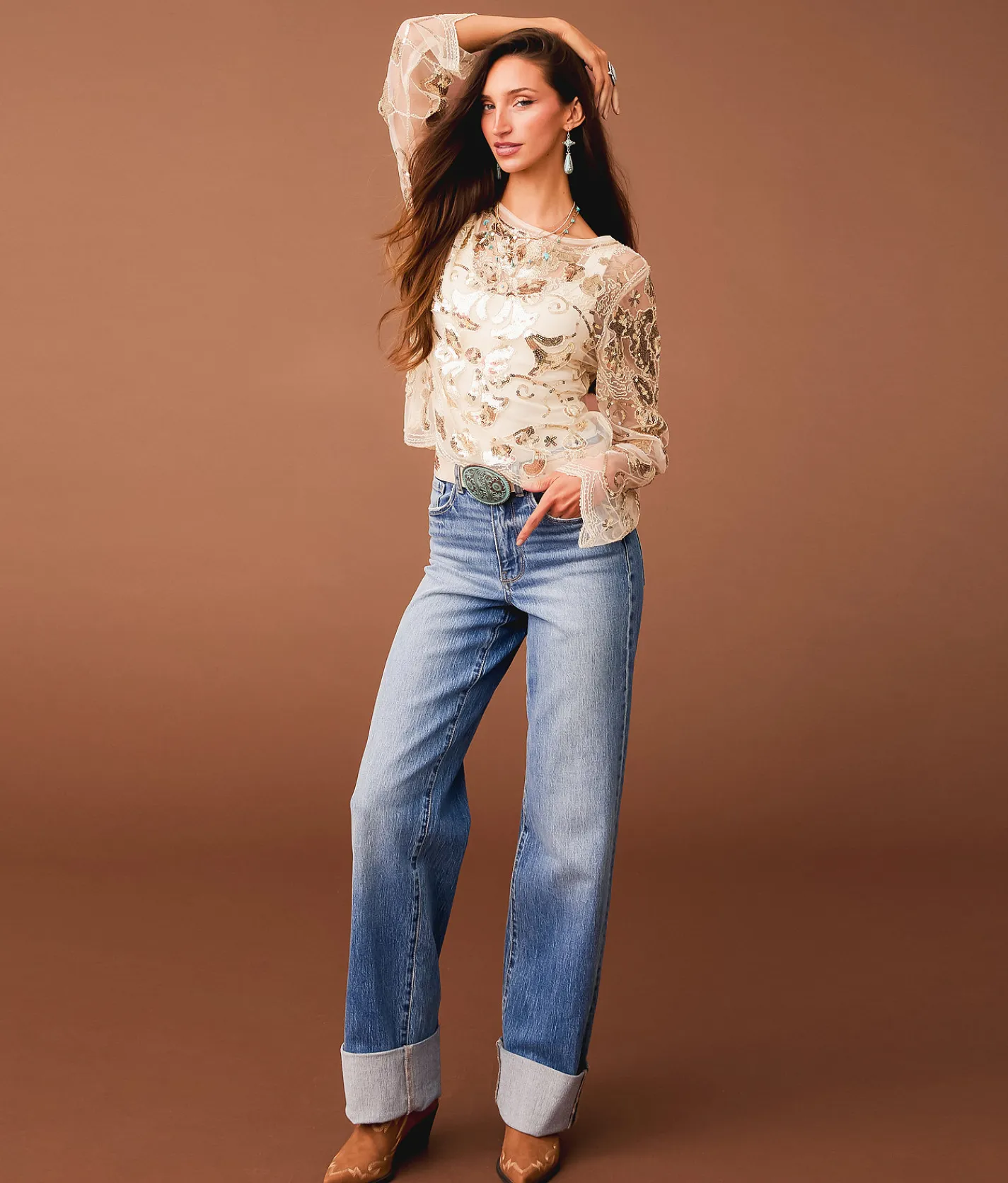 Tops | Sterling & Stitch Sequin Mesh Top Champagne