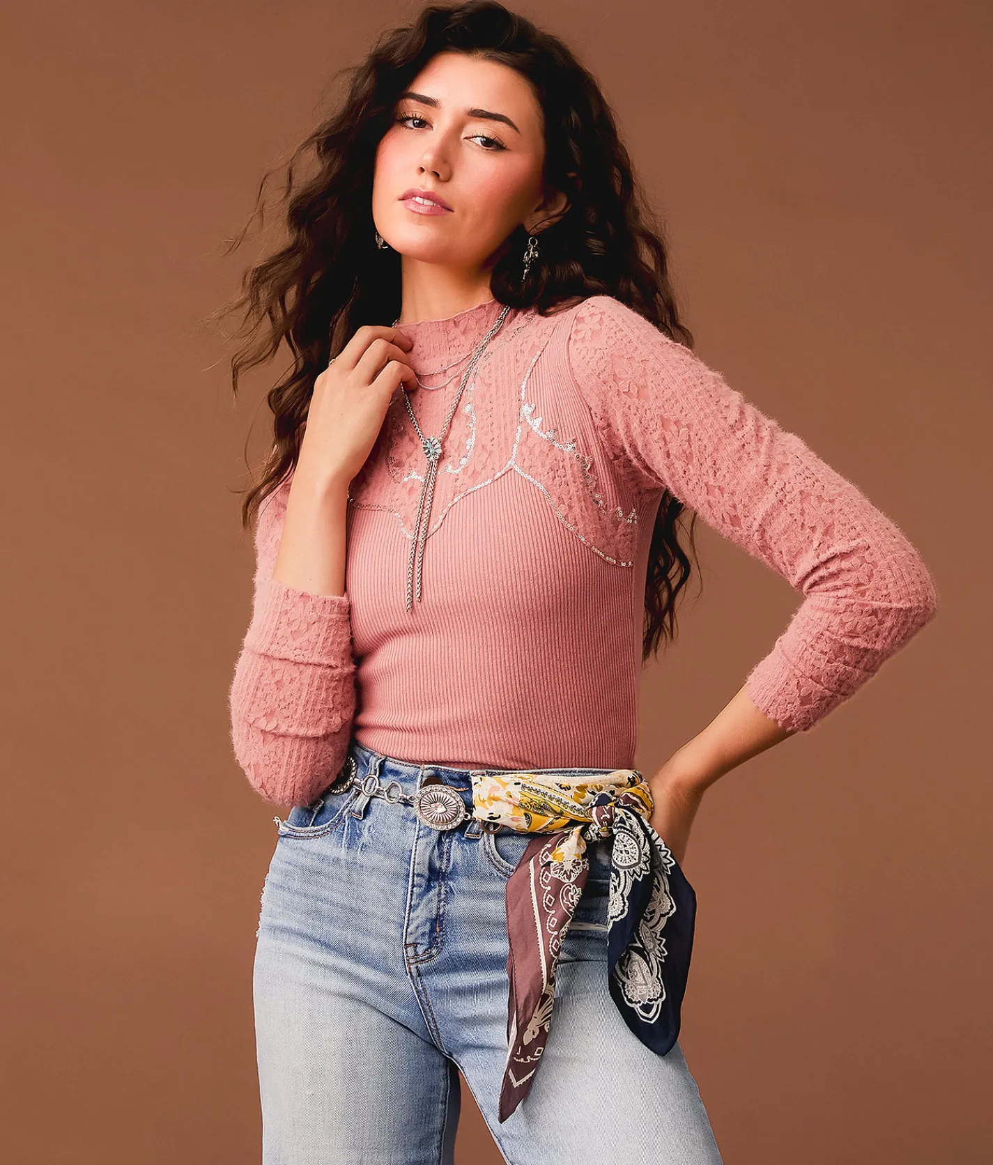 Gimmicks Sequin Mock Neck Top Ash Rose Clearance