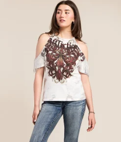 Affliction Serenity Cold Shoulder T-Shirt White Lt Grey Crystal Was Best