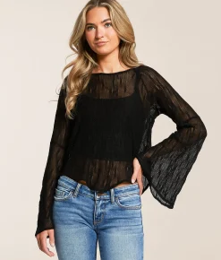 Willow & Root Sheer Lace Hanky Top Black New