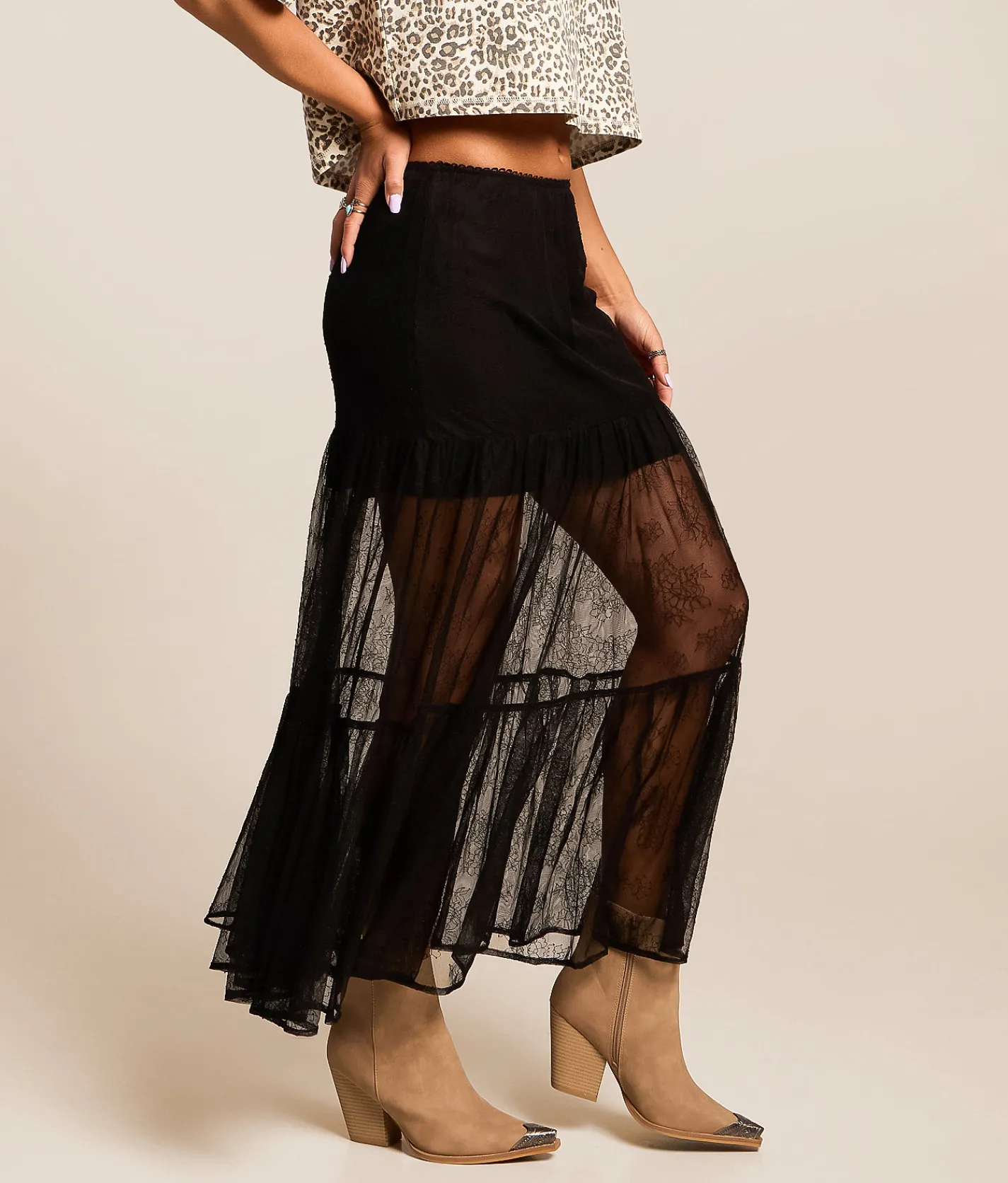 Bottoms | Lush Sheer Lace Maxi Skirt Black