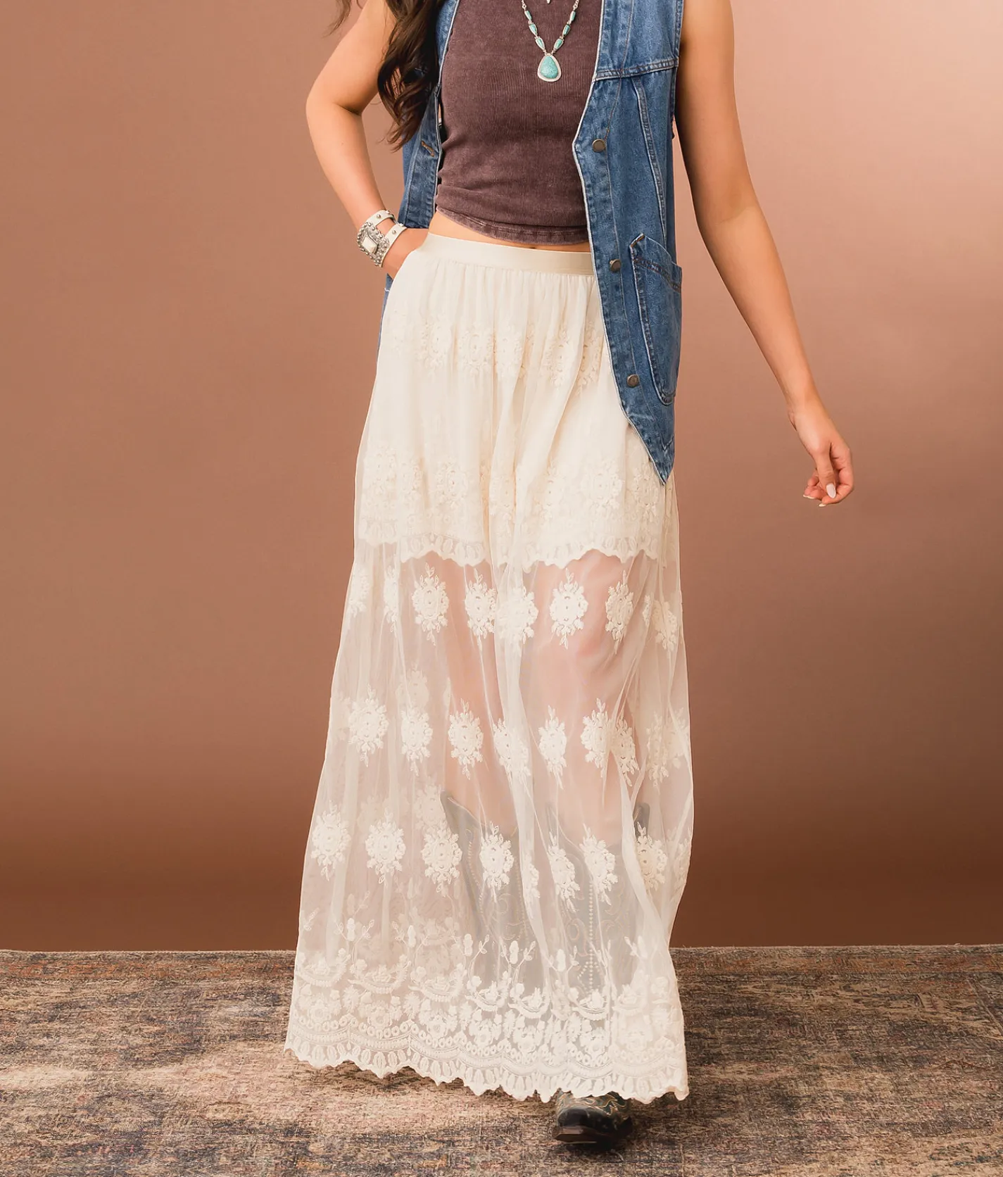 Gimmicks Sheer Lace Maxi Skirt Cream