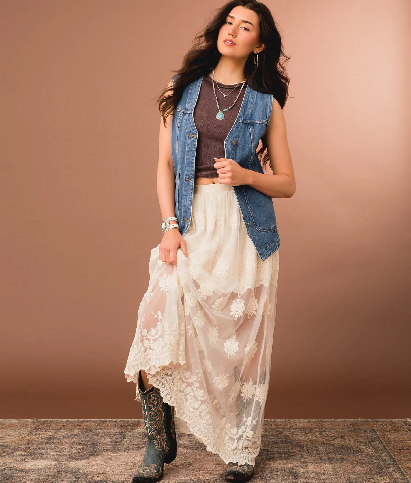 Gimmicks Sheer Lace Maxi Skirt Cream