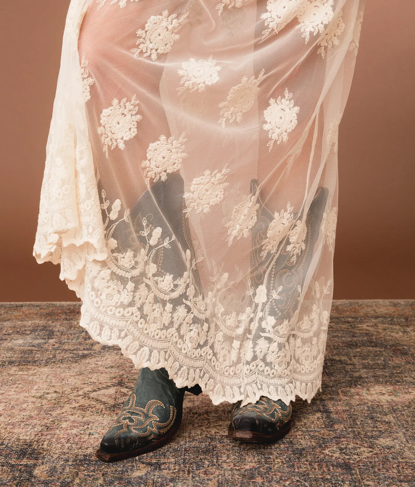 Gimmicks Sheer Lace Maxi Skirt Cream