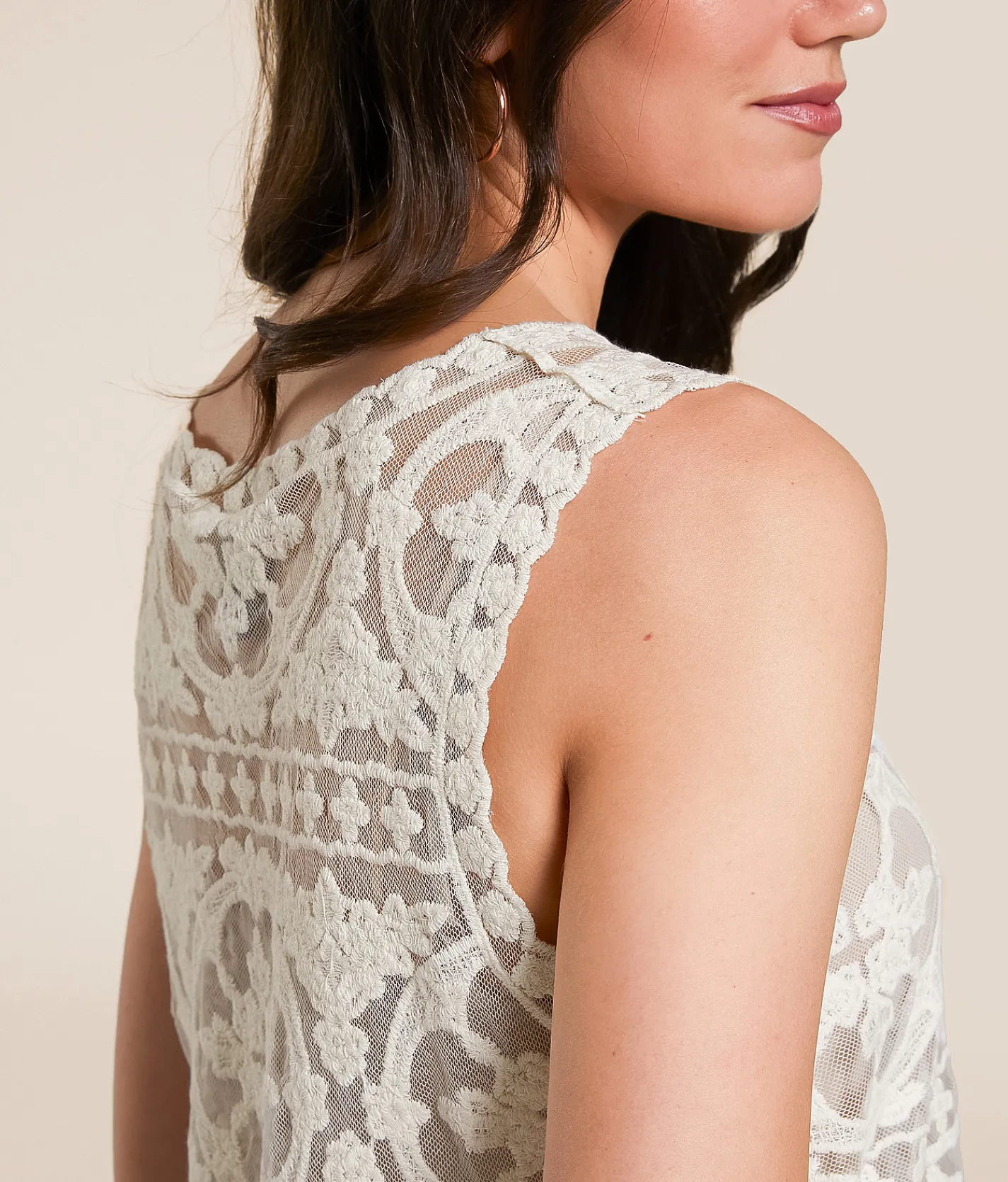 Daytrip Sheer Lace Scalloped Tank Top Cream Sale