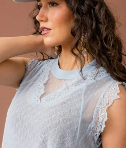 Gimmicks Sheer Lace Tank Top Blue Fog Best