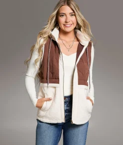 Tops|Coats & Jackets | BKE Sherpa Hooded Vest Friar Brown Cream