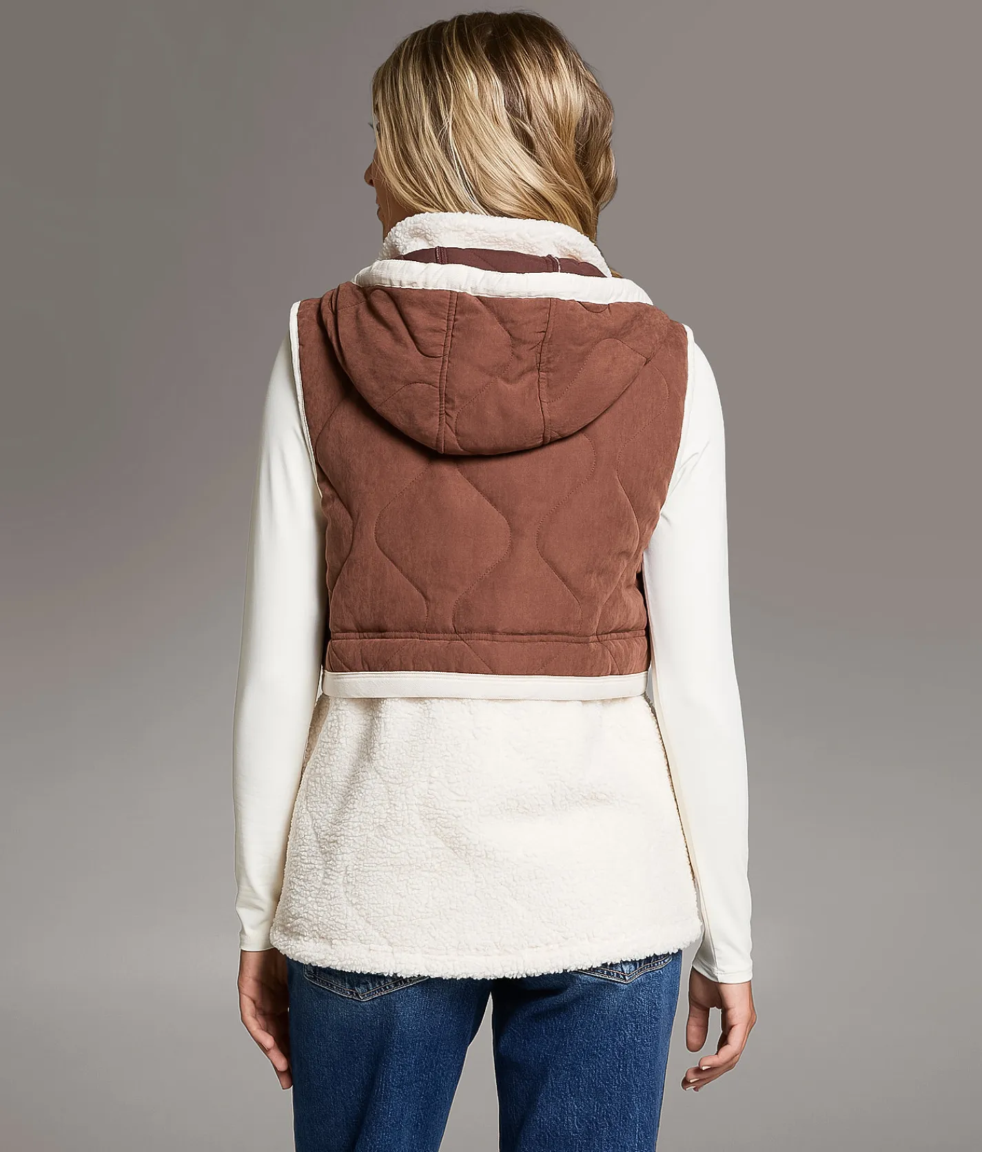 Tops|Coats & Jackets | BKE Sherpa Hooded Vest Friar Brown Cream