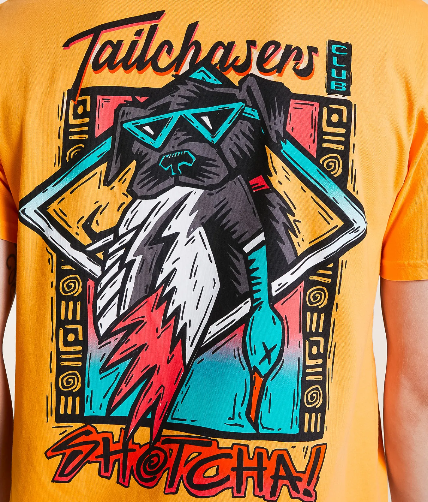 Tops|Graphic T-Shirts | Tail Chasers Club Shotcha T-Shirt Mock Orange