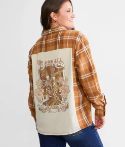La La Land Skeletons Flannel Boyfriend Shirt Rubber Brown Jet Discount