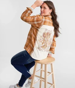 La La Land Skeletons Flannel Boyfriend Shirt Rubber Brown Jet Discount