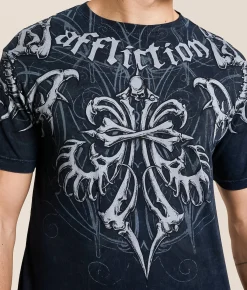 Affliction Skeleton T-Shirt Black Navy Mineral Wash Discount