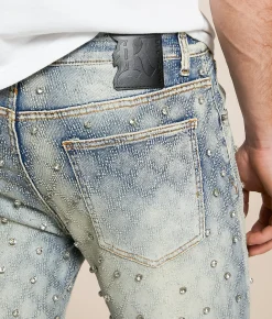 R3bel Denim Slim Stacked Flare Stretch Rhinestone Jean MD Indigo Outlet