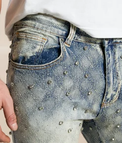R3bel Denim Slim Stacked Flare Stretch Rhinestone Jean MD Indigo Outlet