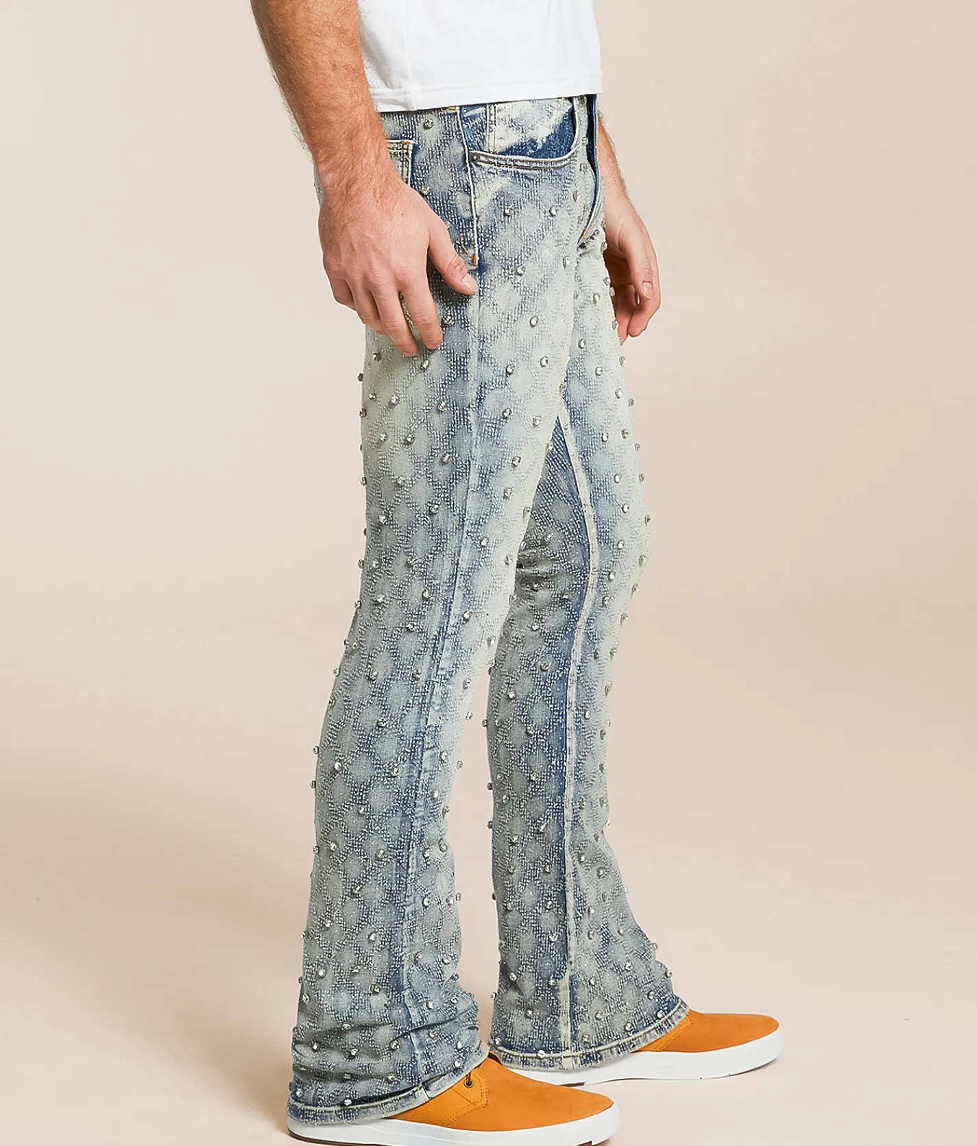 R3bel Denim Slim Stacked Flare Stretch Rhinestone Jean MD Indigo Outlet
