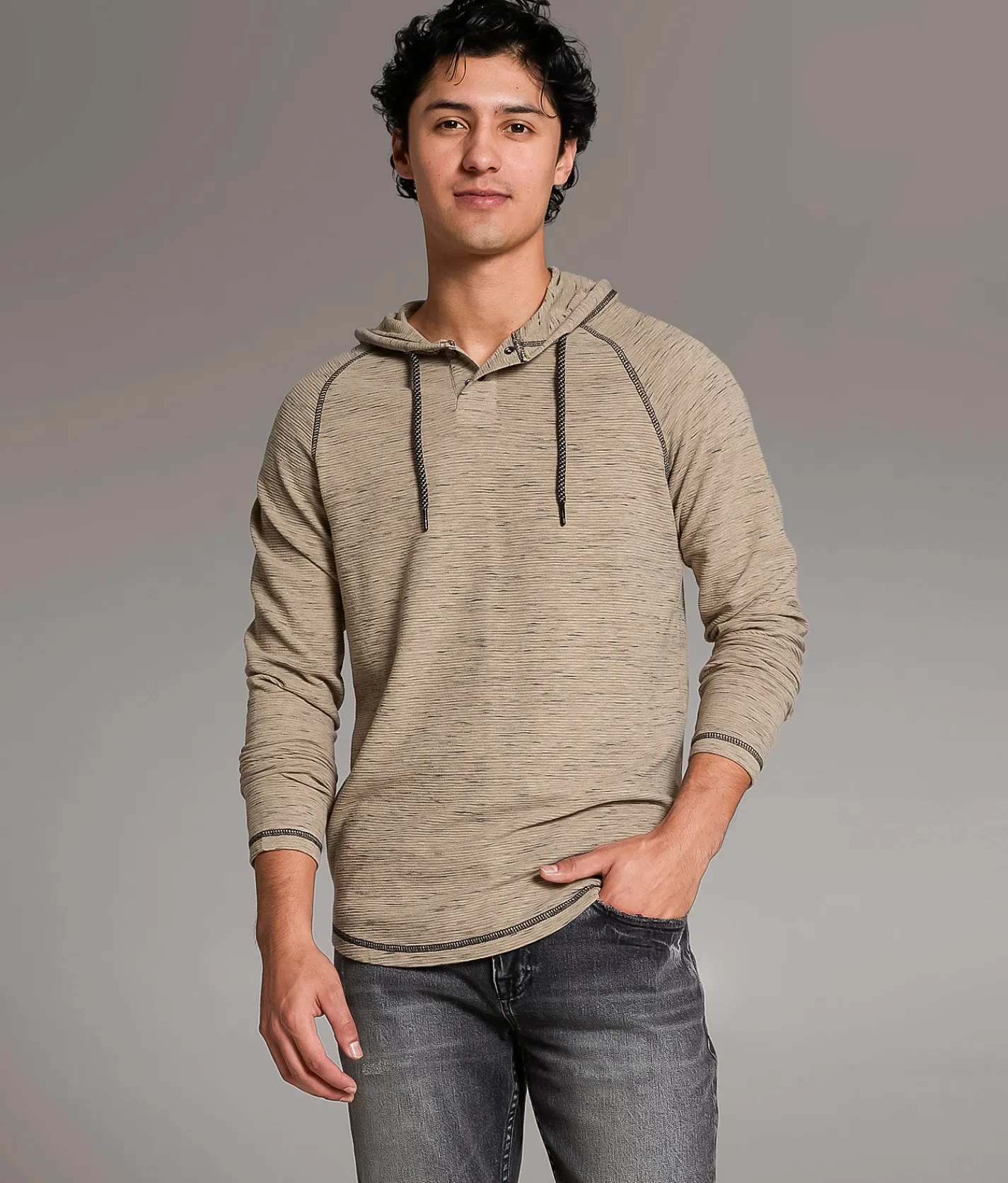 BKE Slub Knit Henley Hoodie Pure Cashmere Black