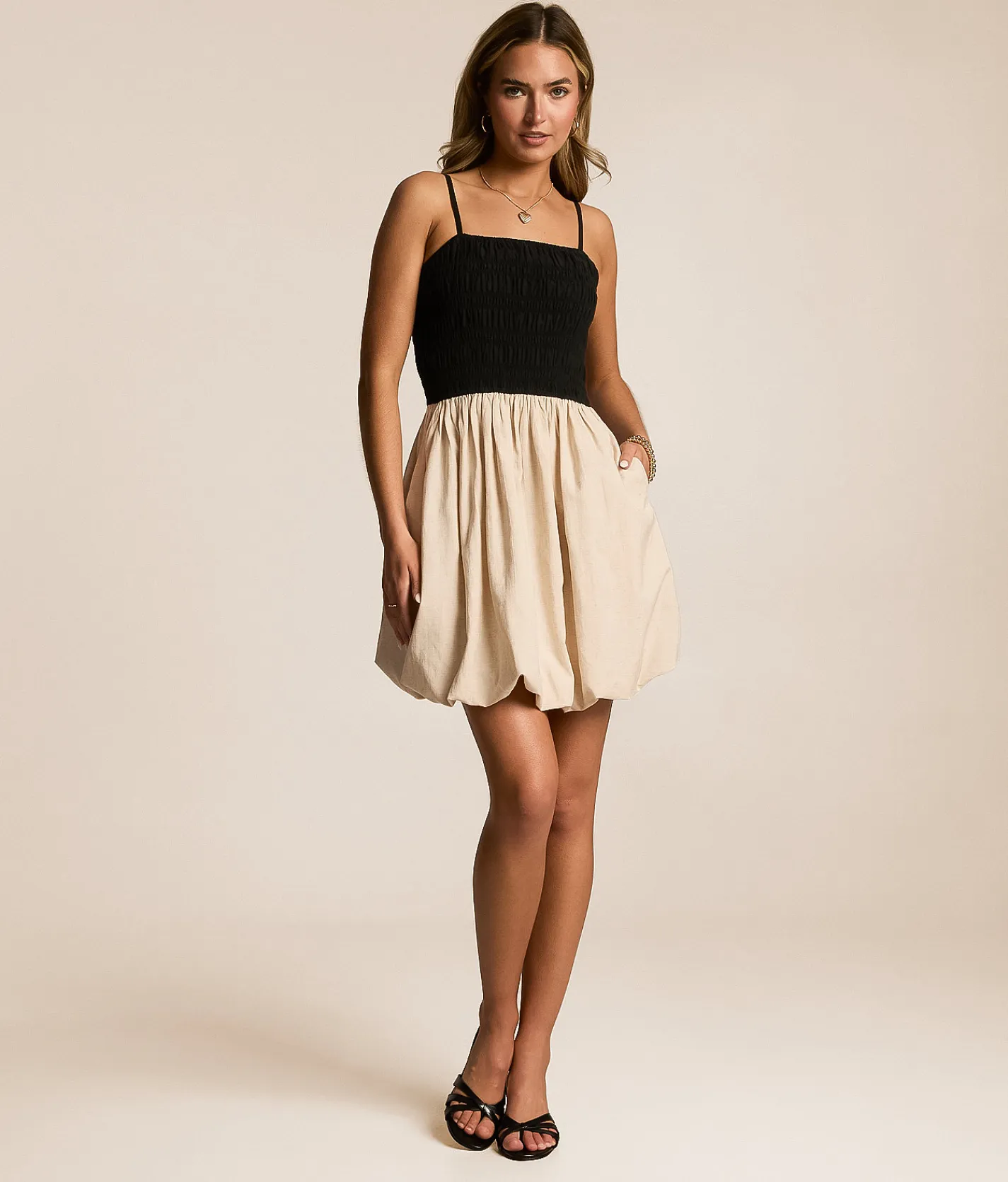 Willow & Root Smocked Bubble Mini Dress Black Cream Online