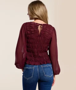 Willow & Root Smocked Chiffon Top Burgundy Sale