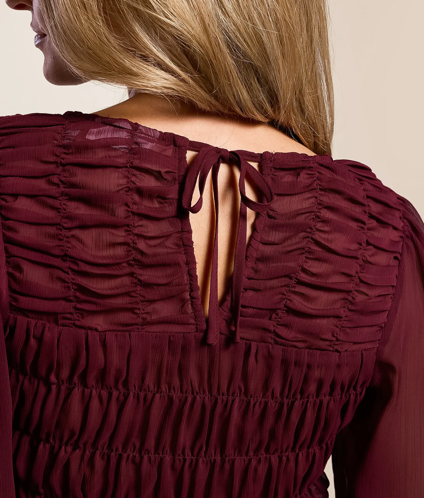 Willow & Root Smocked Chiffon Top Burgundy Sale