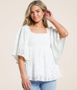 Tops | Angie Smocked Floral Eyelet Top Ivory