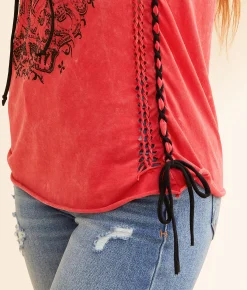 Tops | Affliction Solution Lace-Up Top True Red Lava Wash