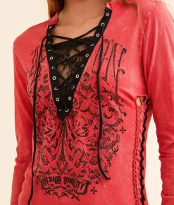 Tops | Affliction Solution Lace-Up Top True Red Lava Wash