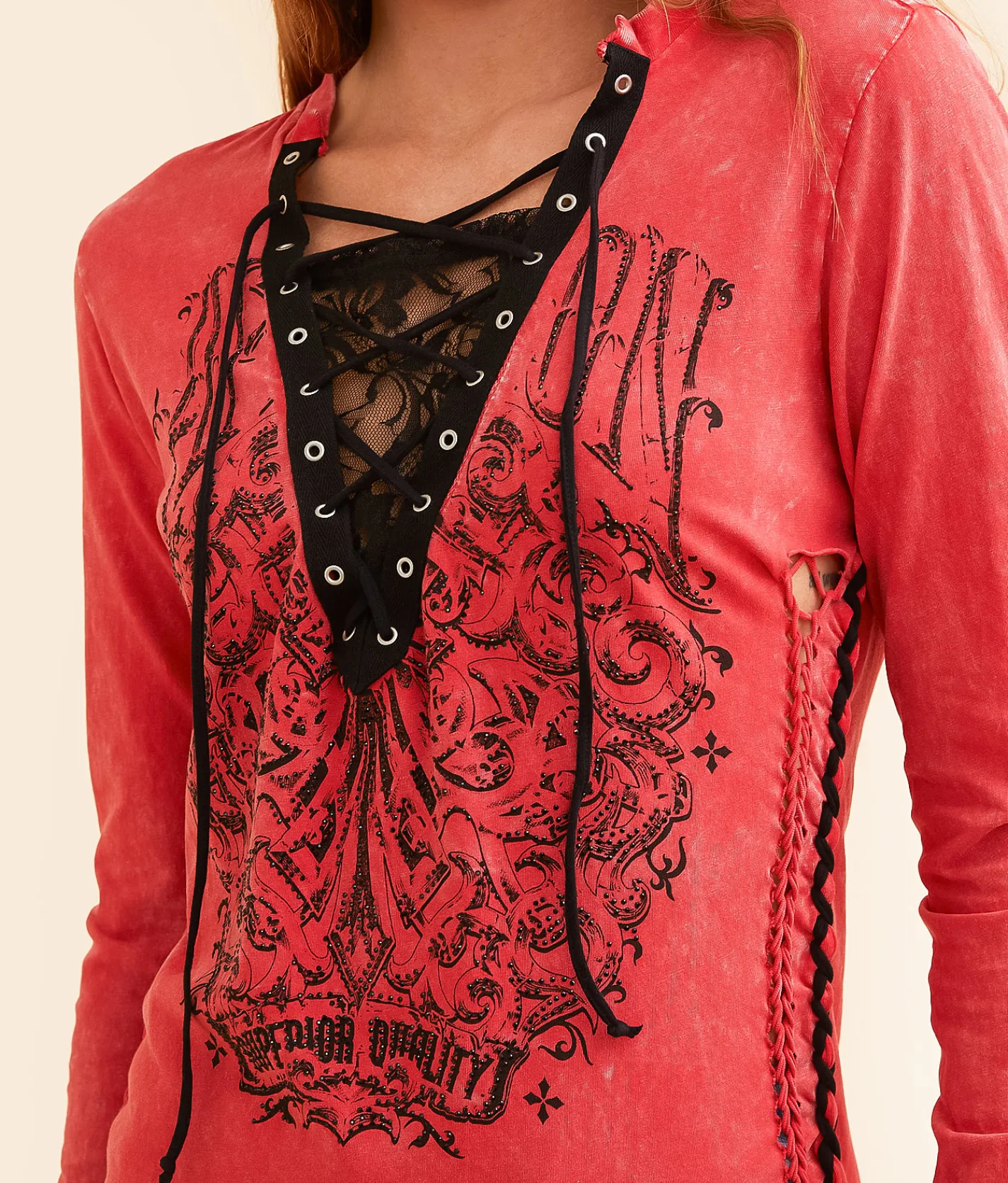 Tops | Affliction Solution Lace-Up Top True Red Lava Wash