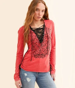 Tops | Affliction Solution Lace-Up Top True Red Lava Wash