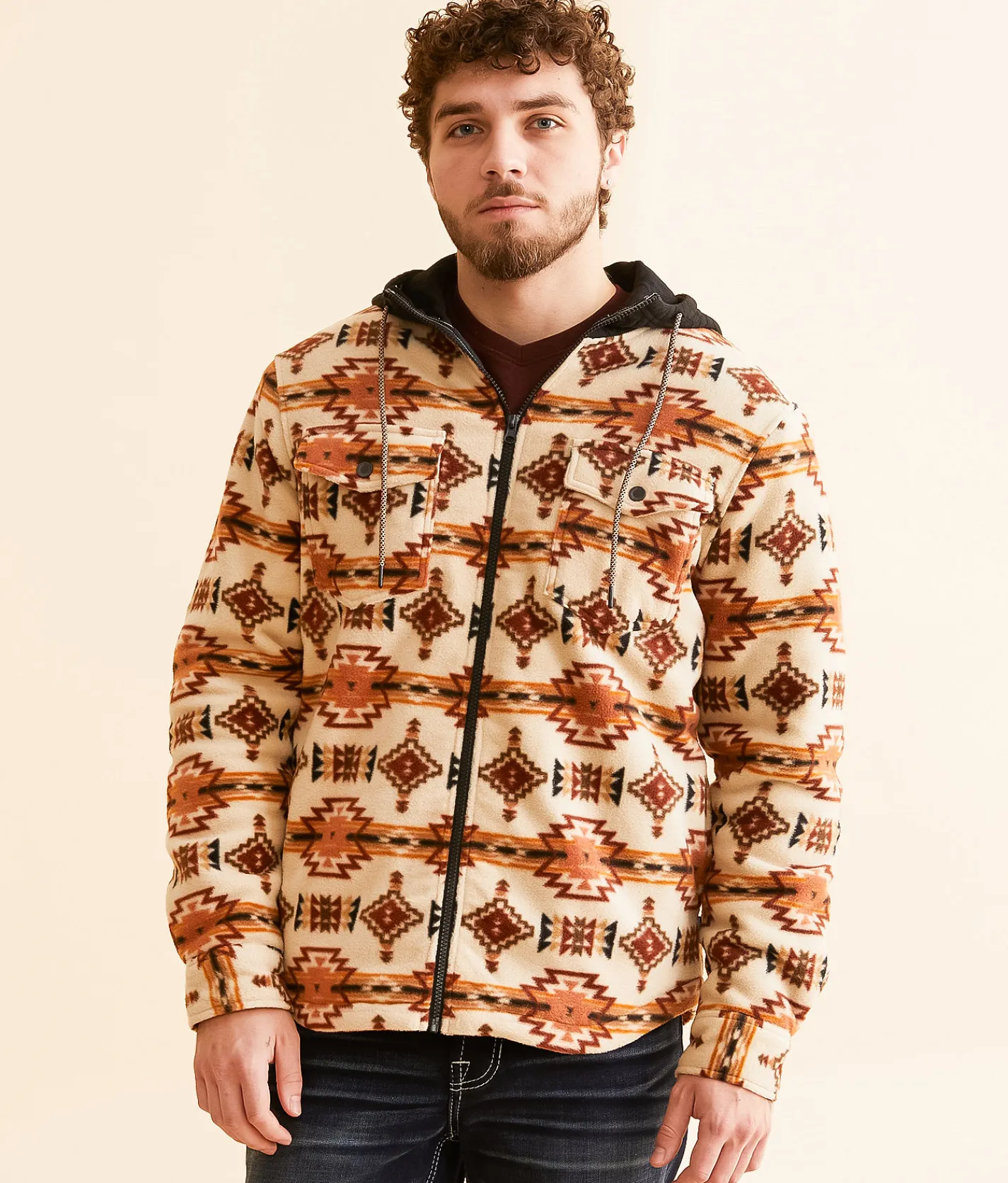 Departwest Southwestern Fleece Hooded Shacket Oatmeal