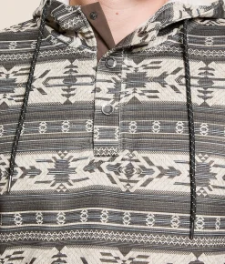 Departwest Southwestern Hooded Henley Sweatshirt Slate Black Clearance