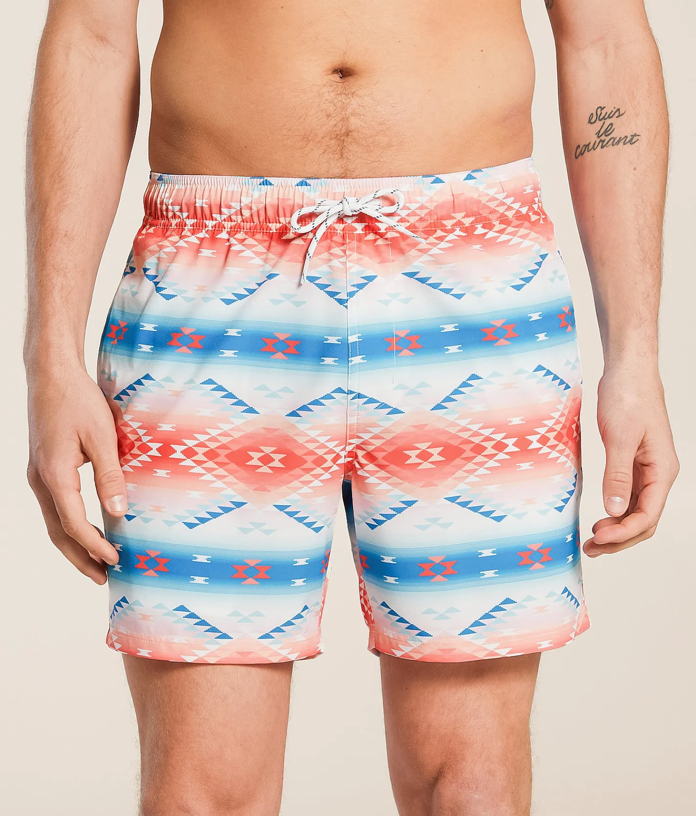 Bottoms|Swimwear | Departwest Southwestern Stretch Swim Trunks White Blue Coral