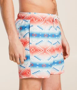 Bottoms|Swimwear | Departwest Southwestern Stretch Swim Trunks White Blue Coral