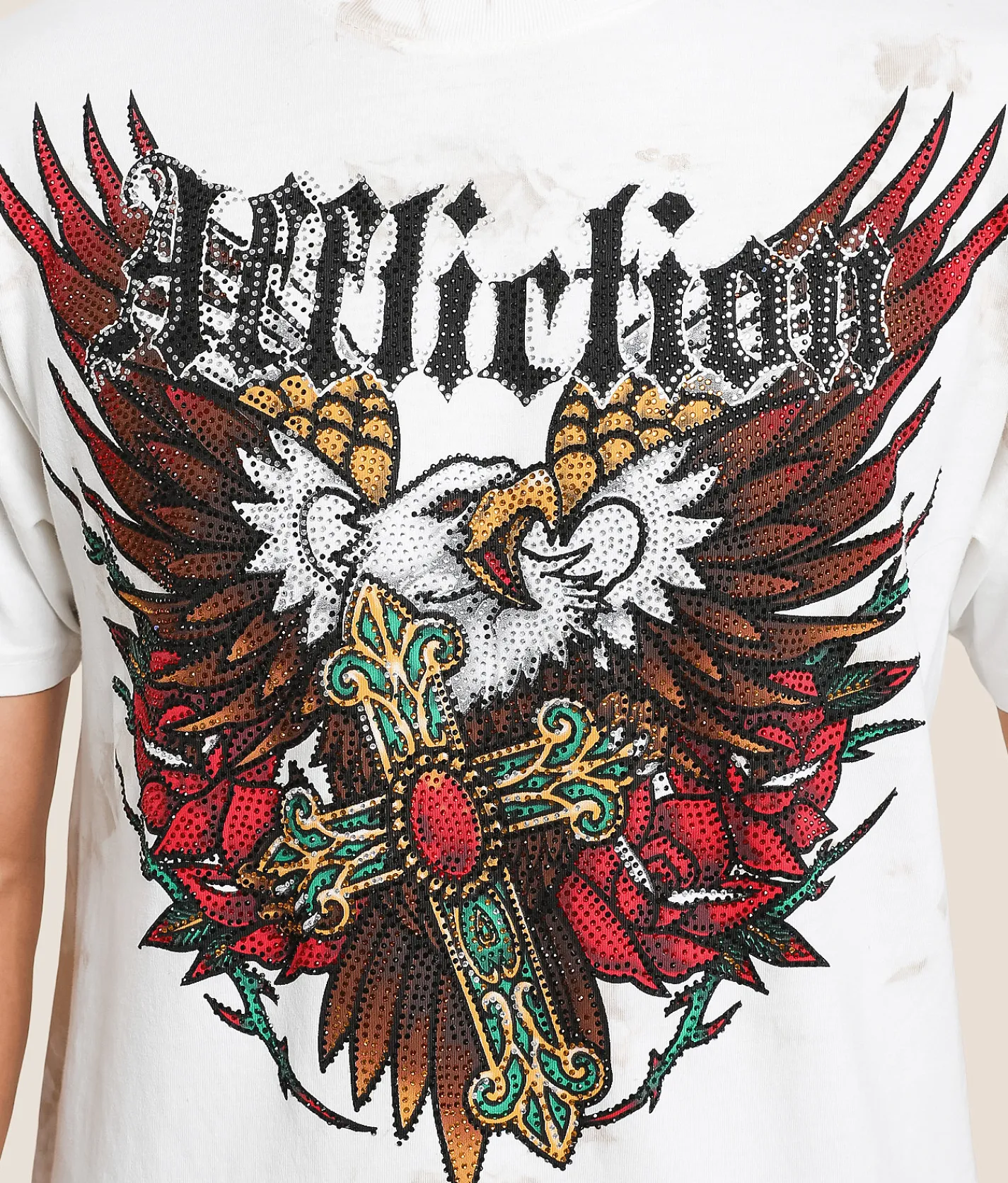 Affliction Spirit & Pride T-Shirt Tan White Crystal Wash Hot