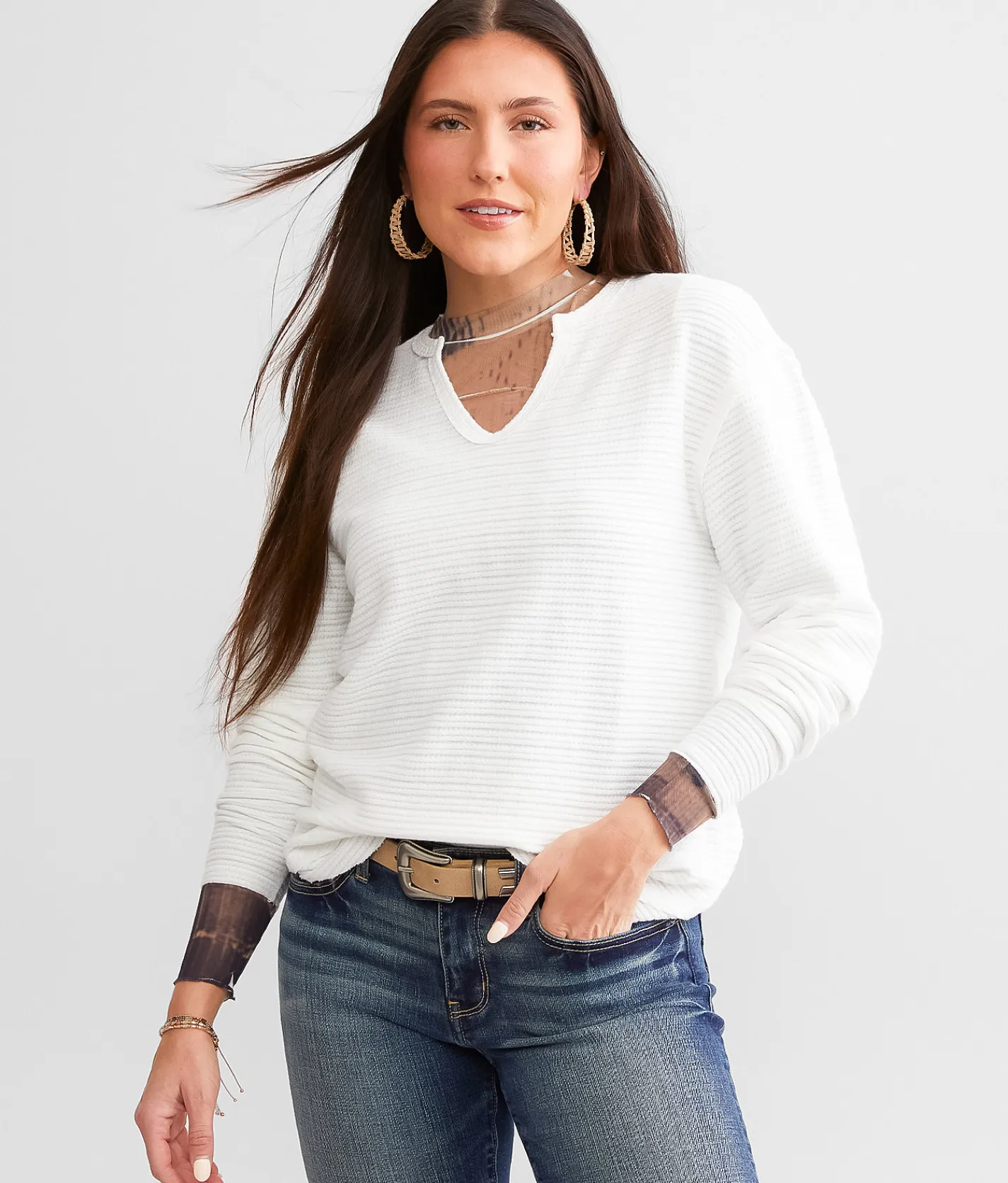 BKE Split Neck Top Peppercorn Outlet