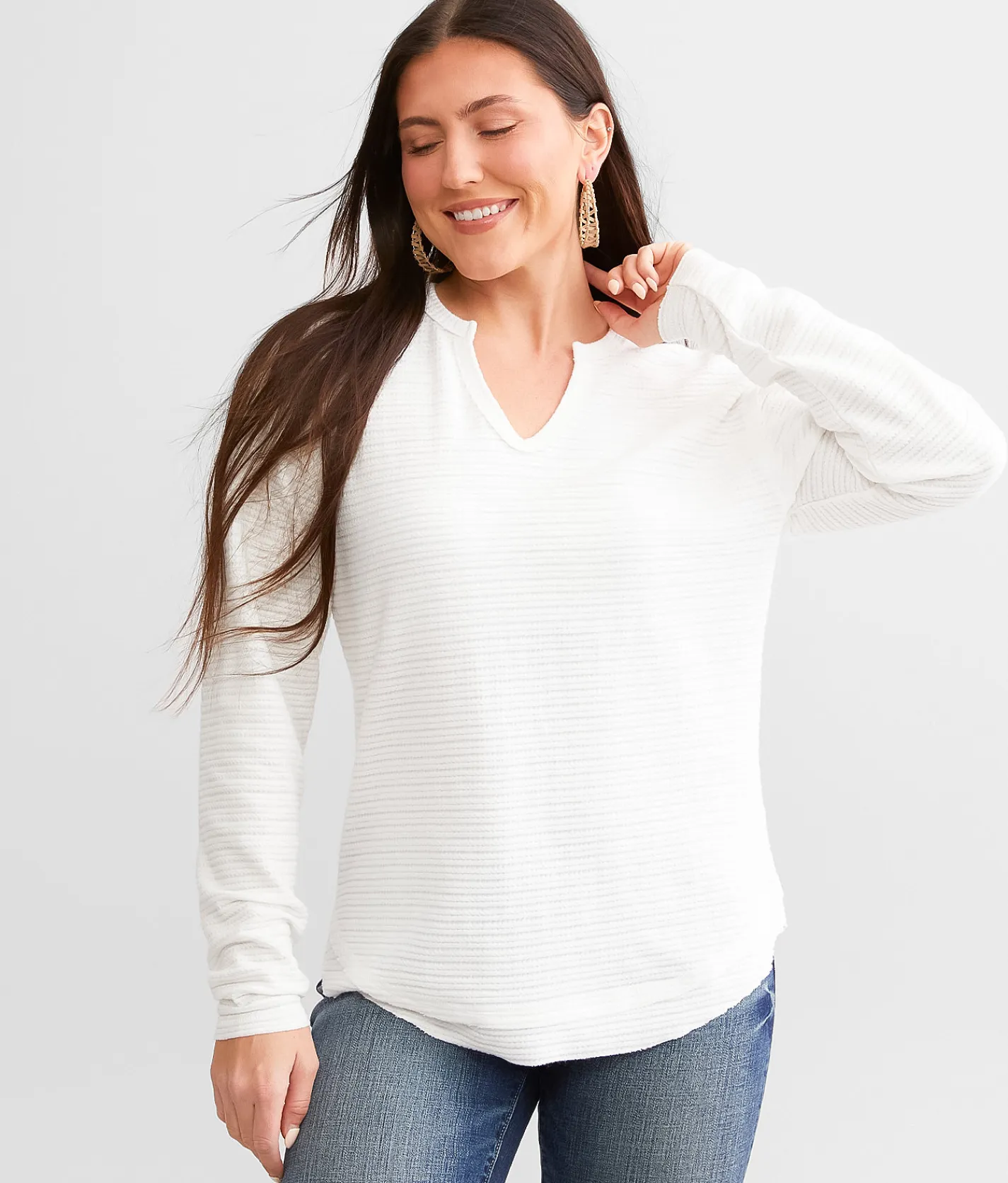 BKE Split Neck Top Peppercorn Outlet