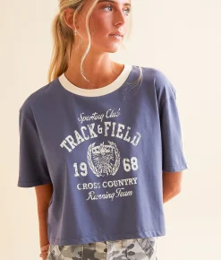 Modish Rebel Sporting Club Cropped T-Shirt Navy Blue New