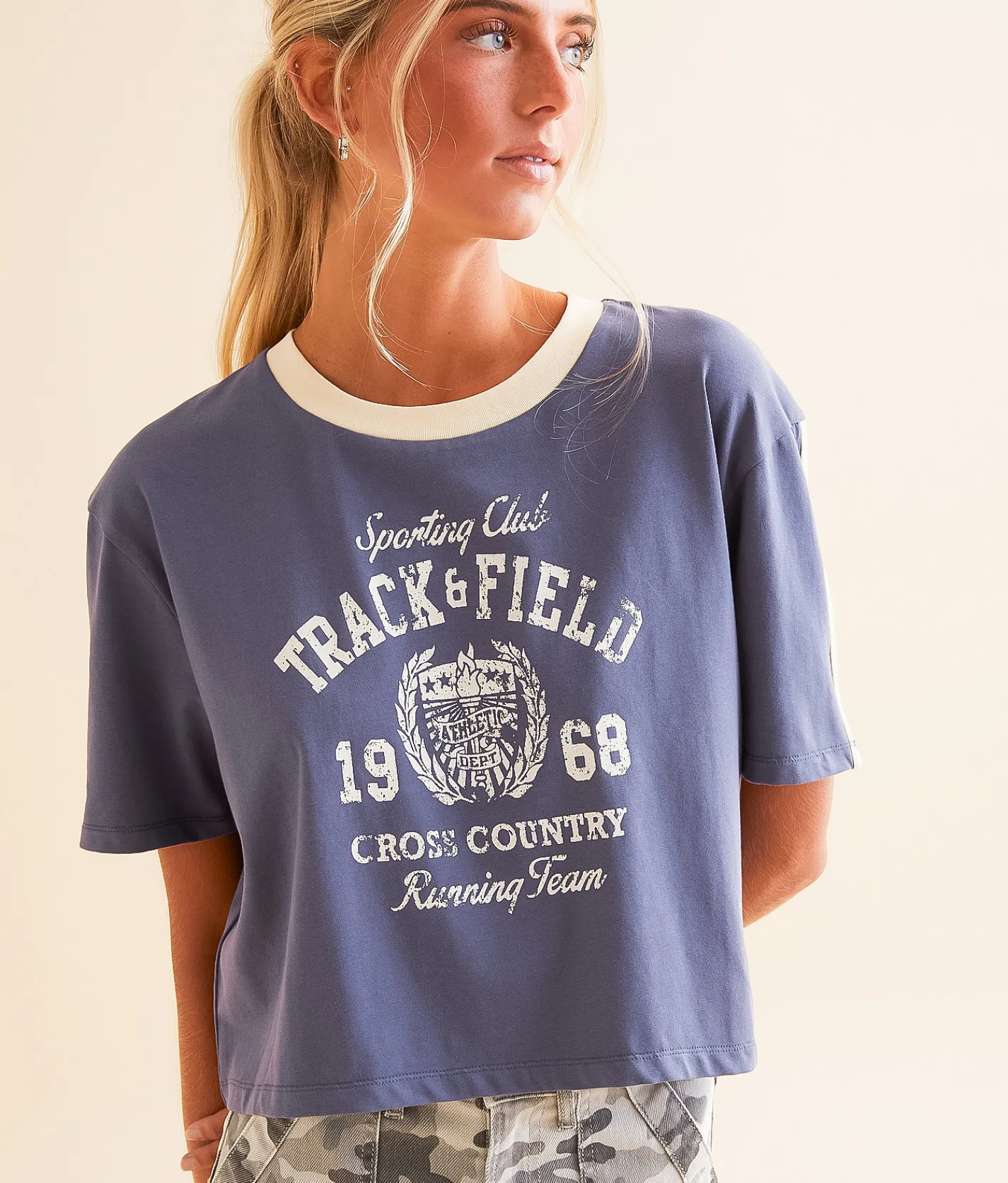 Modish Rebel Sporting Club Cropped T-Shirt Navy Blue New